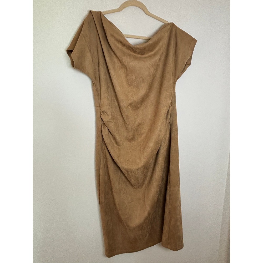 Gibson Latimer Faux Suede Cowl Neck Ruched Sheath Dress Camel Tan XXL